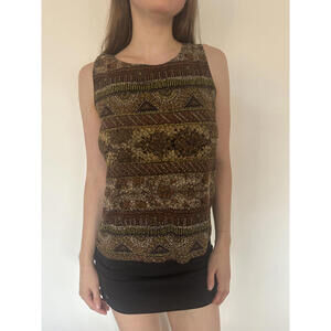 Olive Green and Brown Paisley Sleeveless Vintage Top